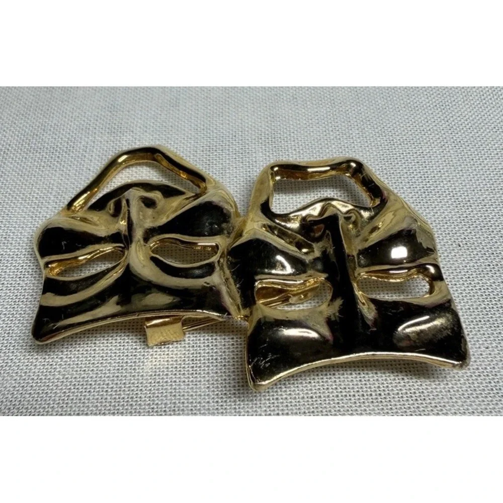 Gold Tone Comedy Tragedy Theater Actor Drama Masks Brooch Pin Vintage‎ Movie